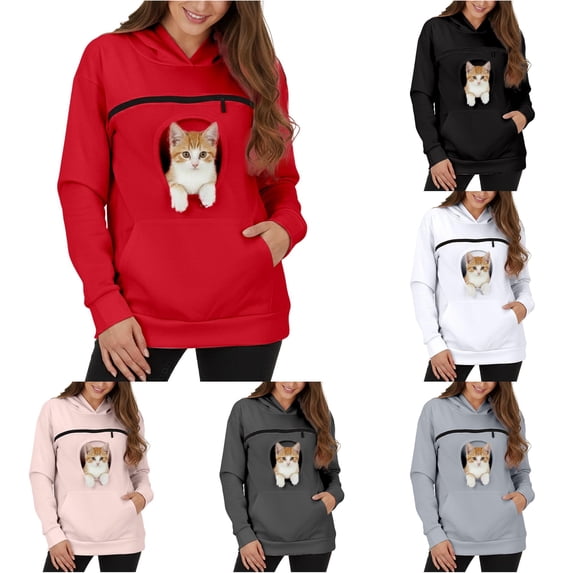 Xijirk Womens Pet Carrier Hoodie with Built‑in Animal Pouch for Small Cats Puppies Daily Outdoor Walking Travel Wear,Red,L