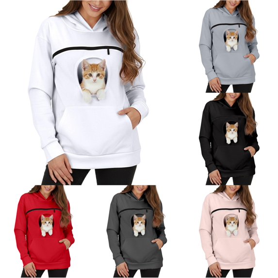 Xijirk Womens Pet Carrier Hoodie with Built‑in Animal Pouch for Small Cats Puppies Daily Outdoor Walking Travel Wear,White,M