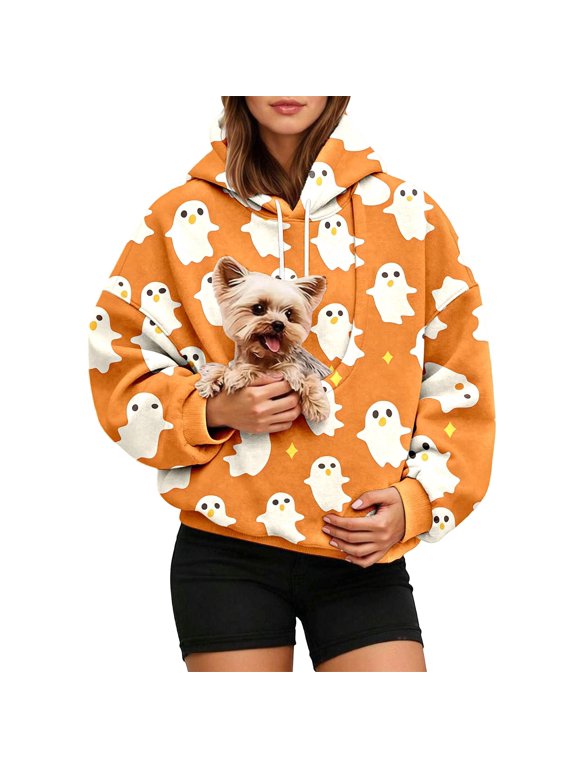 Xijirk Womens Pet Carrier Hoodie with Simple Ghost Star Print Relaxed Fit Pullover for Halloween Party Daily Casual Wear