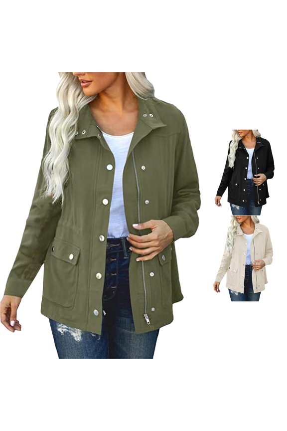 Xijirk Womens Stand Collar Utility Jacket Zip Snap Closure Long Sleeve Large Patch Pockets Mid Length Loose Fit for Daily Outdoor Travel Wear,Army Green,M
