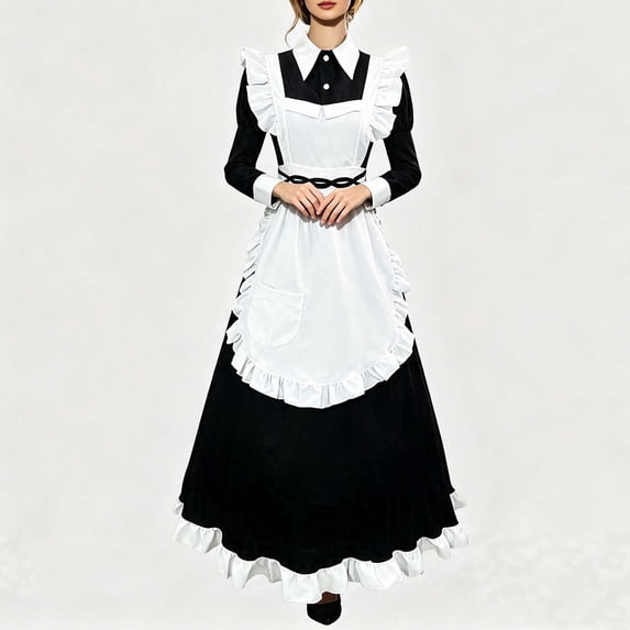 Xijirk Womens Victorian Maid Collared Long Puff Sleeve Ruffle Maxi Dress with Ruffled Apron for Halloween Cosplay Party Role Play,Black,3XL