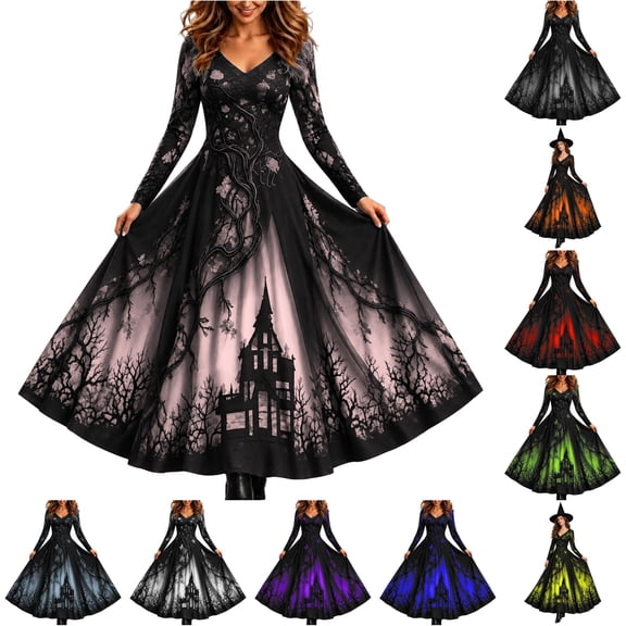 Xijirk Womens Witch Long Sleeve V Neck Haunted House Tree Print Maxi Dress for Halloween Cosplay Party