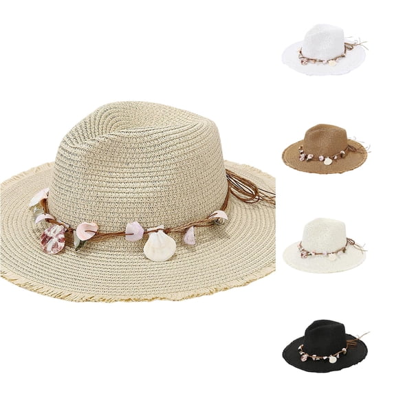 Xijirk Woven Straw Fedora Sun Hat with ed Fringe Brim UPF 50+ Natural Rope Band Lightweight Travel Hat for Beach Island Picnic Outdoor Daily Wear,Beige,One Size