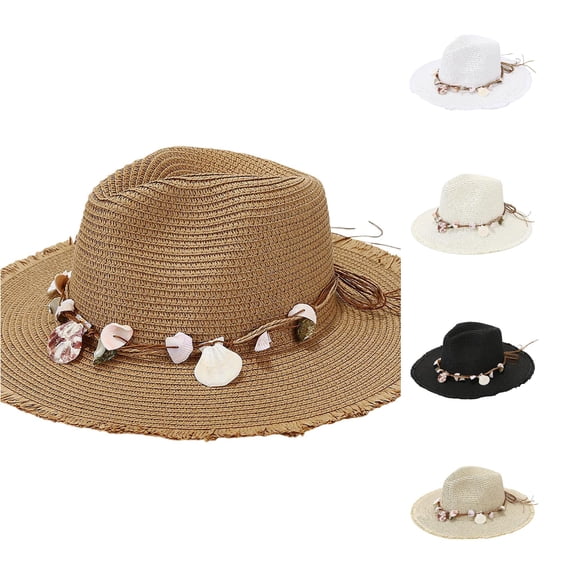 Xijirk Woven Straw Fedora Sun Hat with ed Fringe Brim UPF 50+ Natural Rope Band Lightweight Travel Hat for Beach Island Picnic Outdoor Daily Wear,Khaki,One Size