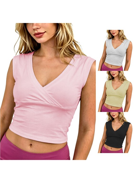 Xijirk Wrap Front V Shape Sleeveless Tank Top with Cap Sleeve Cut for Daily Wear and Fitness Activity Outfit Use,Pink,L