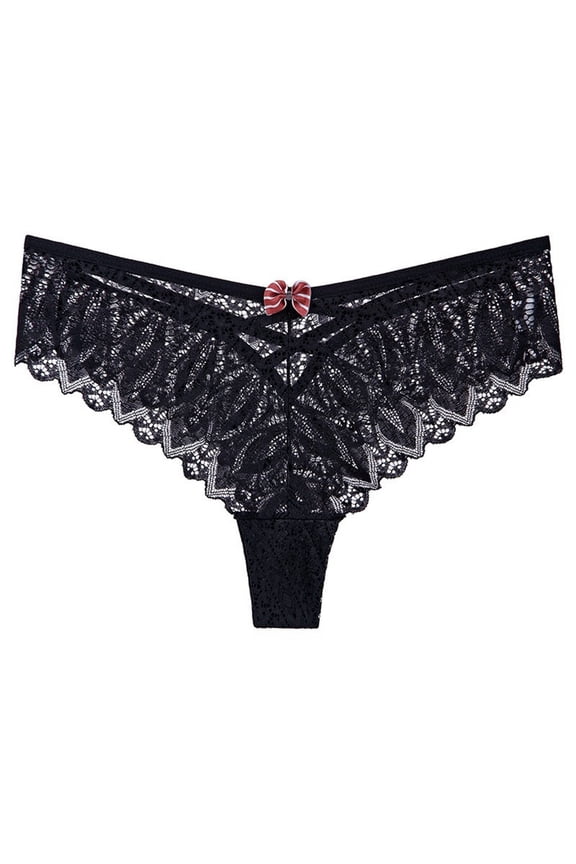 Panties for Women,Lace Thong Panties Mid Rise Bow Tie Detail Breathable Comfortable for Sensual Daily Wear,Womens Underwear,L,Black