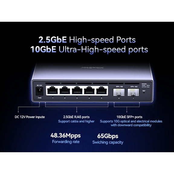 XikeStor lightly managed Ethernet switch SKS3200-5E2X, 5 100/1000/2500M RJ45 ports + 2 10G SFP optical ports, supports VLAN, link aggregation, loop protection and other functions