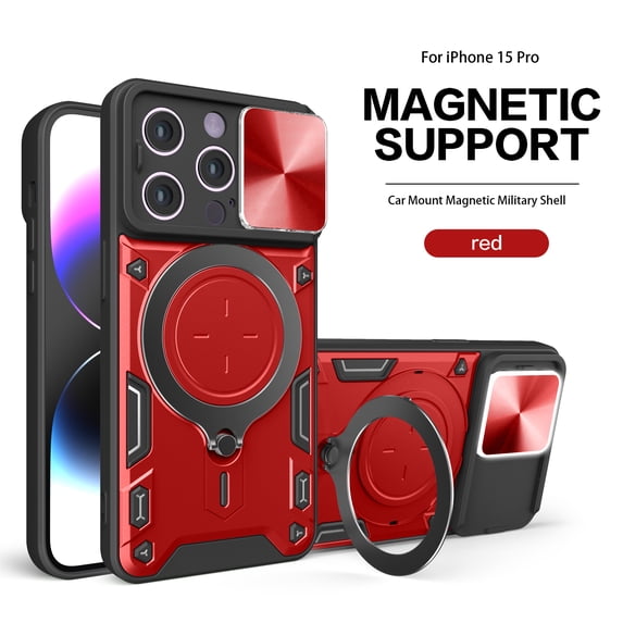 Xilaimitoo For iPhone 15Pro Case,with Slide Camera Cover , Full Body Military-Grade Case with Upgrade Magnetic Ring Kickstand for iPhone 15 Pro Case -Red