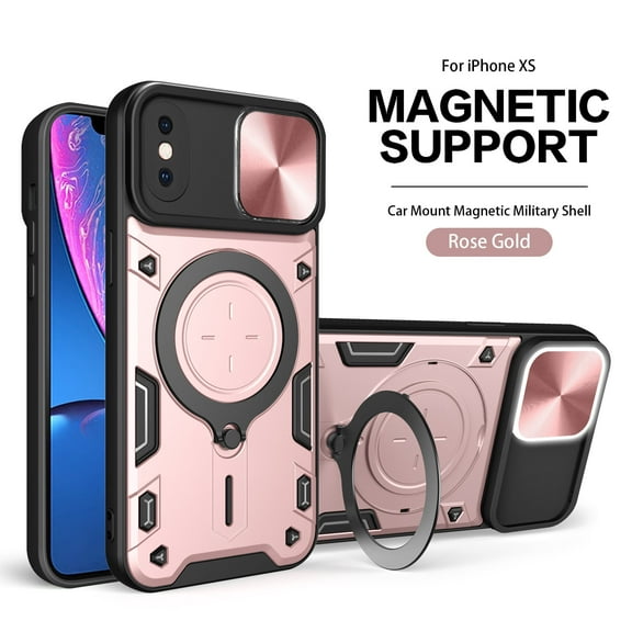 Xilaimitoo For iPhone X XS Case,with Slide Camera Cover , Full Body Military-Grade Case with Upgrade Magnetic Ring Kickstand for iPhoneX XS Case -Rose Gold
