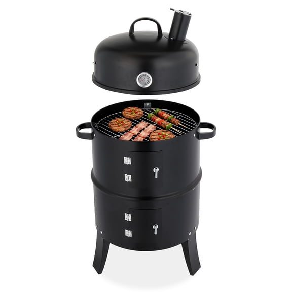 Xilee 21 Inch Vertical Charcoal Smoker, Multi-Layer Round Grill with Thermometer & Chimney,Round Charcoal Barbecue Grill with 2 Cooking Area, and Thermometer for Outdoor Camping Picnic Backyard