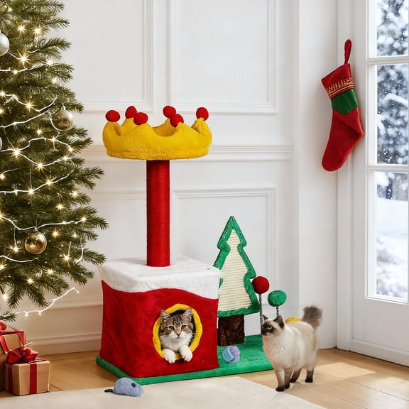 Xilee 30" Christmas Cat Tree, Christmas Party Decoration for Cats,Scratching Post Scratcher and Gift Box Christmas Cat House Condo Bed 33 Inch for Indoor Kittens to Play and Sleep Xmas Holiday Decora
