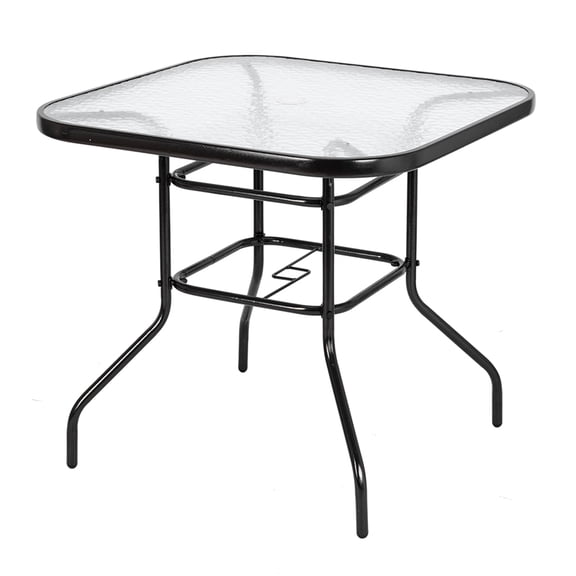 Xilee 32 Inch Umbrella Table with Hole, Outdoor Square Patio Table with Tempered Glass Top, Sturdy Metal Frame, Patio Dining Table for Backyard, Lawn, Deck & Poolside