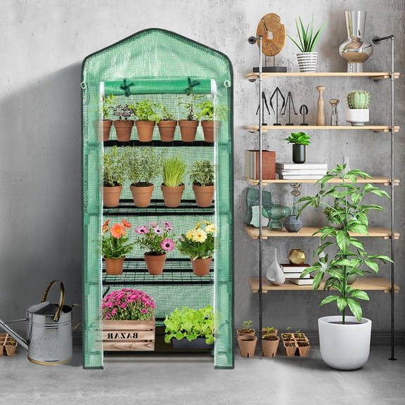 Xilee 4 Tier Mini Indoor Greenhouse,Small Plastic Plant Green House Flower Stand With 4 Layers Of Grid, With Zipper Rolling Door, PE Cloth,Green