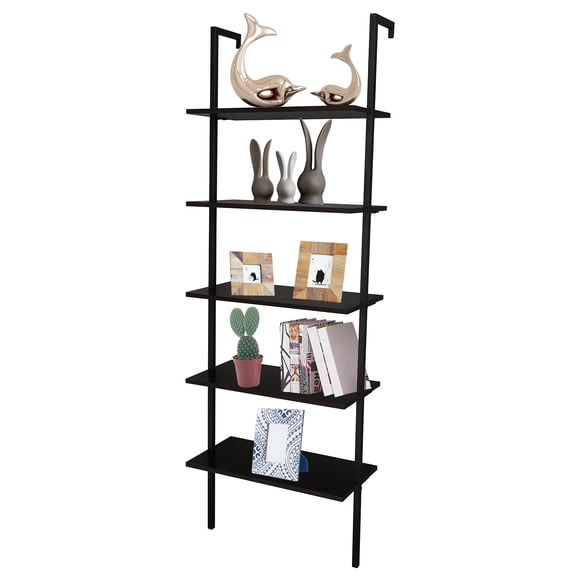 Xilee 5-Tier Bookshelf Wall-Mounted Black Wood Bookcase Storage Rack Open Industrial Modern Plant Stand Utility Organizer Bookcase Metal Frame Furniture Office Bedroom