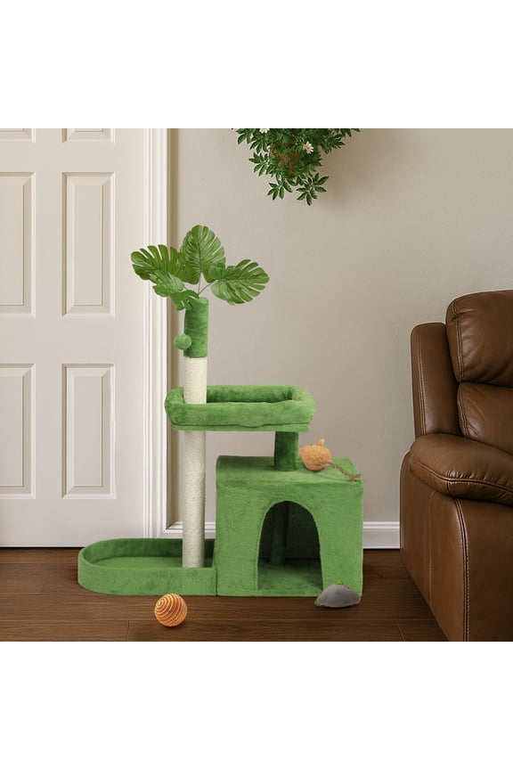 Cat Tree with Green Leaves,36 Inches Cat Tower with Scratching Posts Multi-Level ozy Cat Condo, Padded Beds, Dangling Ball for Kittens and Indoor Cats, Green