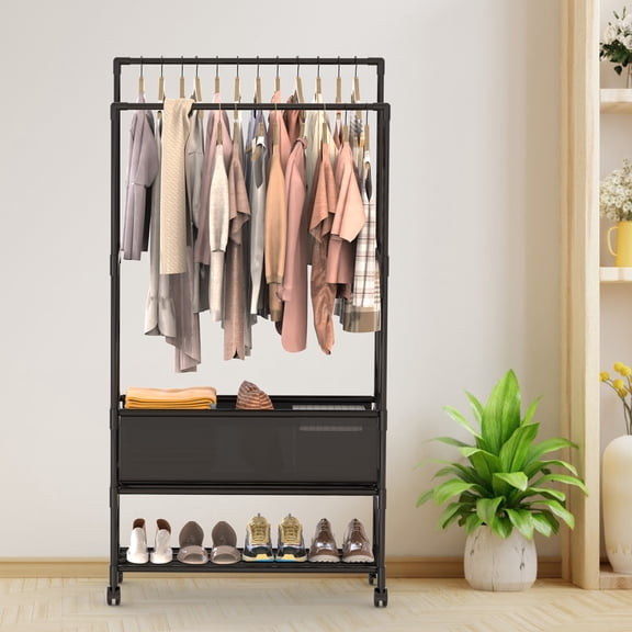 Xilee Clothes Racks for Hanging Clothes, Double Rods Clothing Rack with 3-Tier Storage Shelves,Sturdy Metal Freestanding Clothes Rack with Wheels,Black