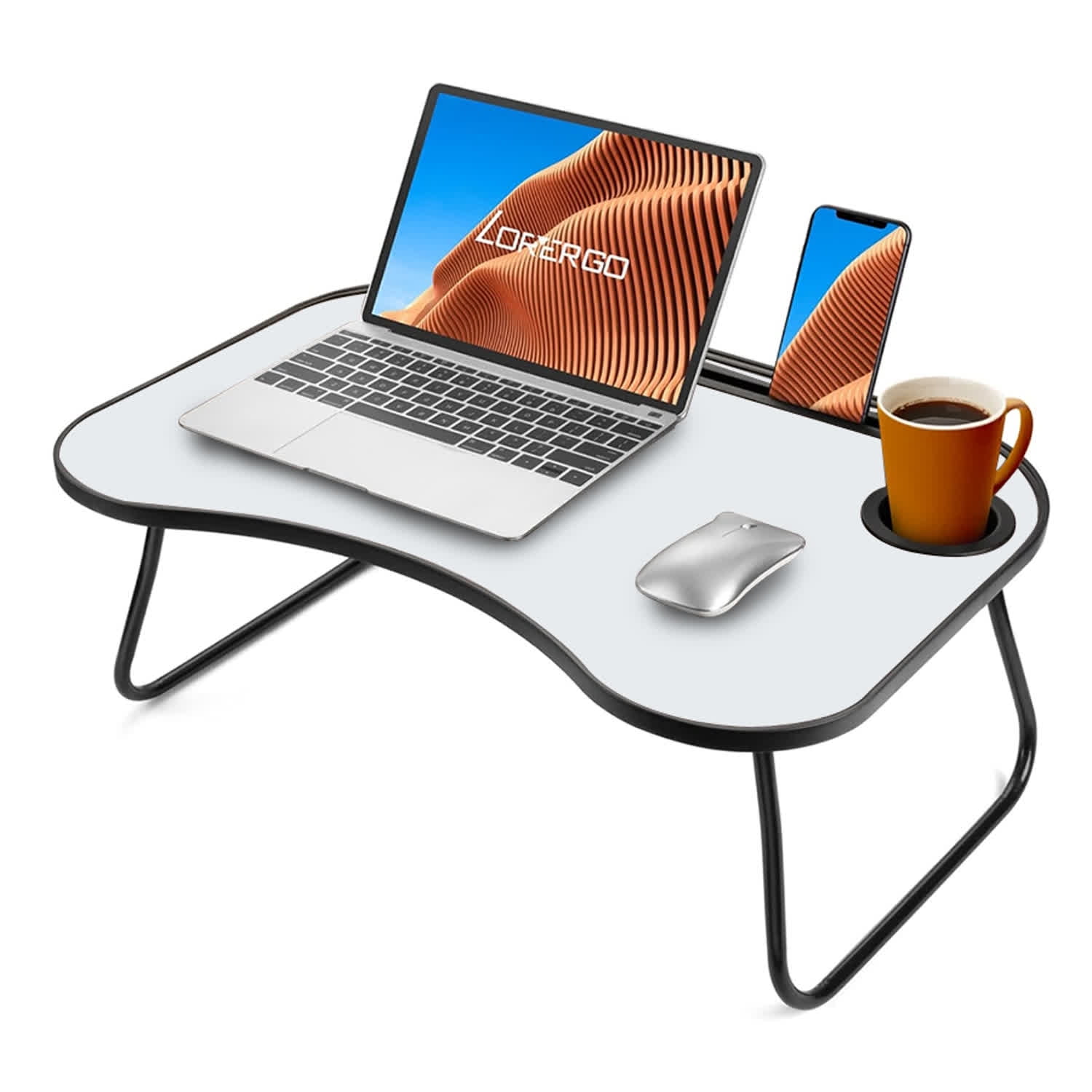 Xilee Foldable Laptop Table, Portable Lap Desk Bed Table Tray Gray and White Matte Metal and Wood Construction, Foldable Design with Cup Holder,for Working Writing Reading & Eating