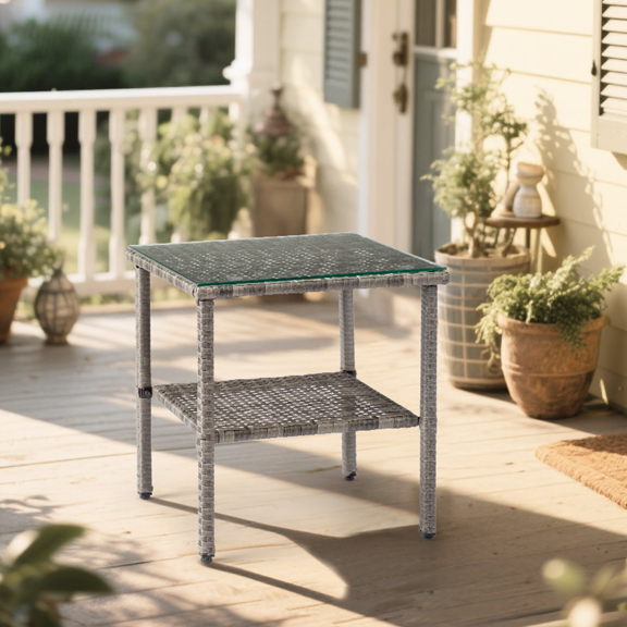 Xilee Gray Poly Rattan Side Table with Glass Top and Metal Frame,Coffee Side End Table for Outside Patio Storage, Gray All Weather Wicker with Glass Top, Square