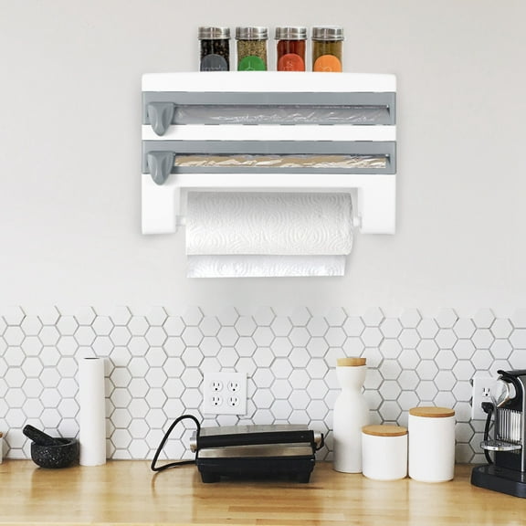 Xilee Kitchen Roll Dispenser Rack 3 in 1 Wrap Organizer with Cutter Includes 2 Rolls of Plastic Wrap and Aluminum Foil Dispenser,Wall Mount Kitchen Wrap Dispenser - Fits 12" Roll, White