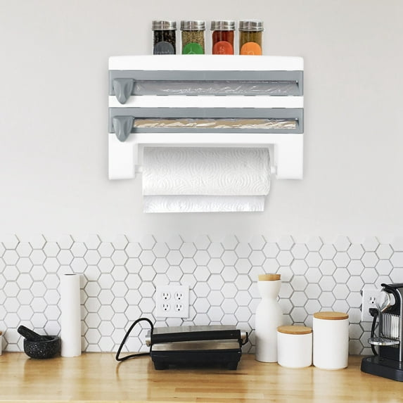 Xilee Kitchen Roll Dispenser Rack 3 in 1 Wrap Organizer with Cutter Includes 2 Rolls of Plastic Wrap and Aluminum Foil Dispenser,Wall Mount Kitchen Wrap Dispenser - Fits 12" Roll, White