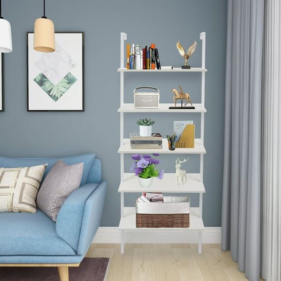 Xilee Ladder Shelf White Marble Bookshelf 5-Tier Wall-Mounted Wood Rack Industrial Modern Plant Flower Stand Utility Organizer Open Bookcase Metal Frame Furniture Office Kitchen Bedroom