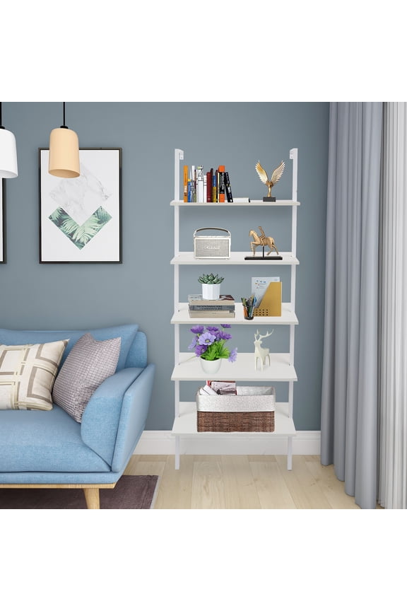 Ladder Shelf White Marble Bookshelf 5-Tier Wall-Mounted Wood Rack Industrial Modern Plant Flower Stand Utility Organizer Open Bookcase Metal Frame Furniture Office Kitchen Bedroom