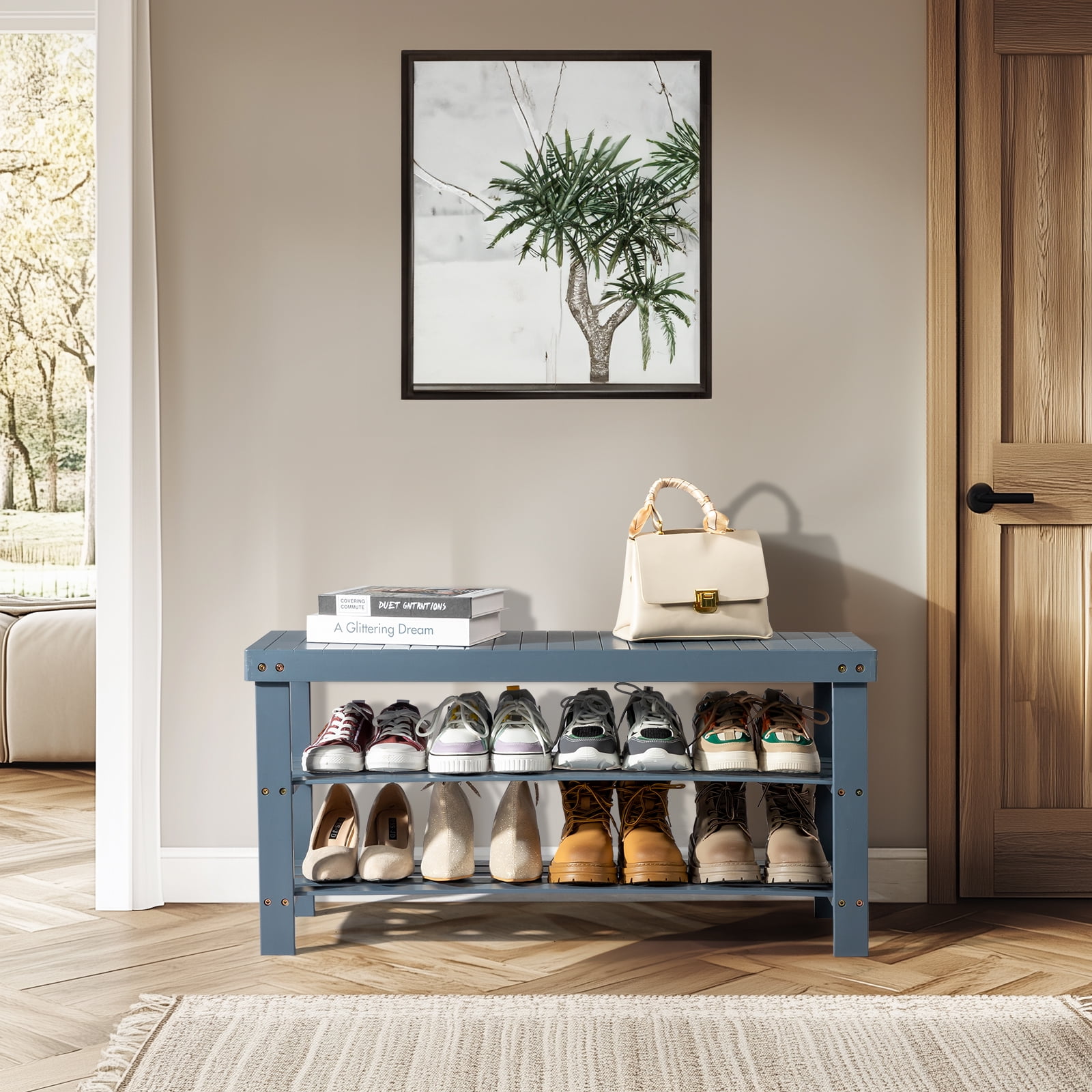 Xilee Living Bamboo 3 Tier Shoe Rack Small Bench, Outdoor Shoe Rack Weatherproof - Shoe Rack with Bench,Blue