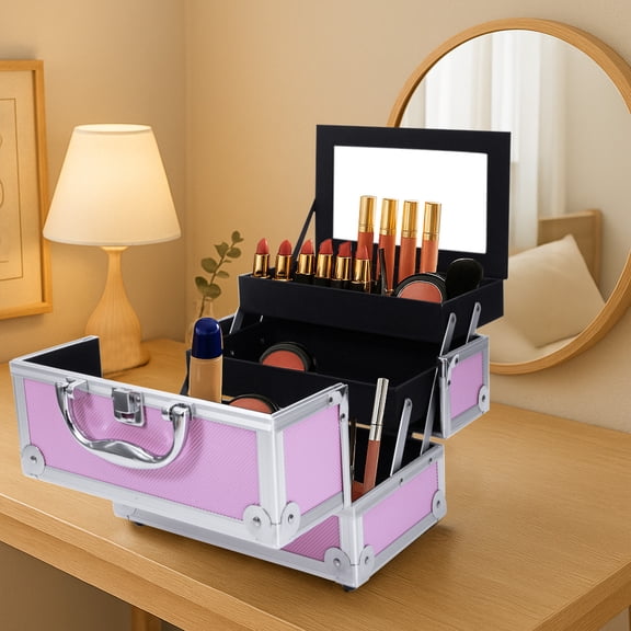 Xilee Makeup Train Case Makeup Case ,Professional Makeup Storage Box 4 Trays Portable Travel Makeup Box for Makeup Artist, Carfter, Cosmetics,Pink