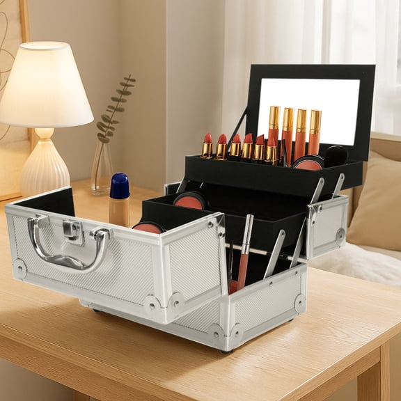 Xilee Makeup Train Case Makeup Organizer Box,SM-2176 Aluminum Professional Makeup Storage Box 4 Trays with Divider Lockable Travel Case Portable,Vanity Modern Style