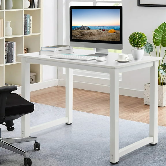 Xilee Modern Computer Desk 43 Inch Large Office Desk,white desktop + White Pipe Frame P2 Particleboard with Triamine SteelStudy Writing Table Workstation with Leg Bars, Modern Simple Industrial Style