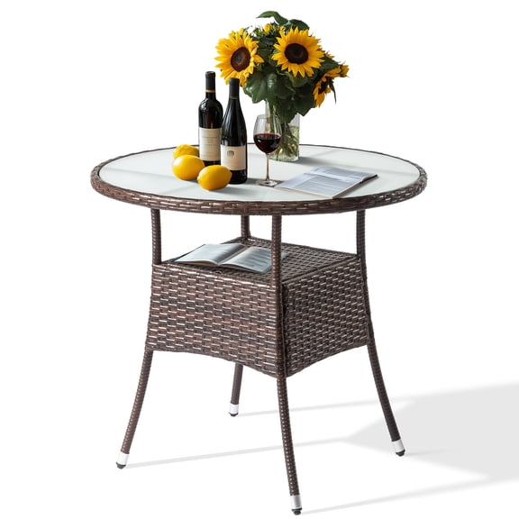 Xilee Outdoor Patio Wicker Round Dining Table,31.5" Patio Rattan Coffee Table, Outdoor Wicker Round Glass Top Table Ideal for Balcony/Backyard/Poolside/Lawn