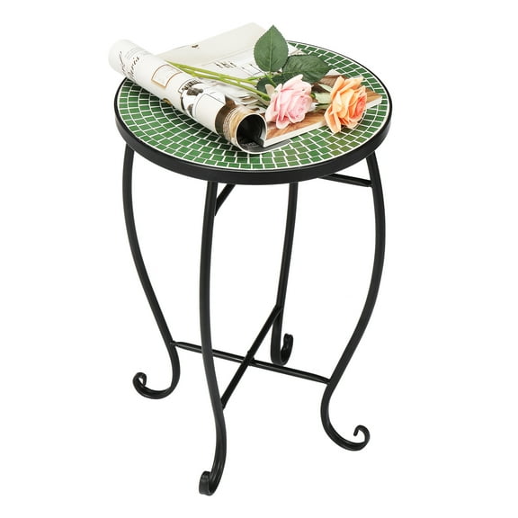 Xilee Outdoor Side Table Mosaic Patio Table,14" Round Folding Plant Stand for Patio Garden Backyard Balcony Porch Indoor Accent End Table for Living Room, Ceramic Tabletop with Black Iron, Green