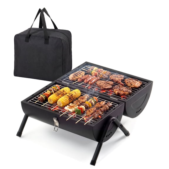 Xilee Portable Charcoal Grill Small Tabletop Barbecue Grills ,wo Side Carbon Griller for BBQ,Multi-functional Metal Small BBQ Smoker for Outdoor Hiking Picnic Black