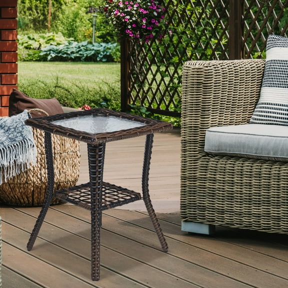 Xilee Rattan Coffee Table with Storage Shelf,All-Weather Rattan Patio Side Table Bistro Table with 2-Tier, Tempered Glass Top Square End Table for Indoor, Balcony, Garden, Porch, Deck,Brown