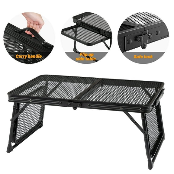 Xilee Small Low Camping Table with 2 Wing Panels, 3x2 FT Foldable Table for Portable Grill, Picnic, Outdoor, Beach, Small Folding Table Adjustable Height,Camping Table, Sturdy Steel Mesh Top