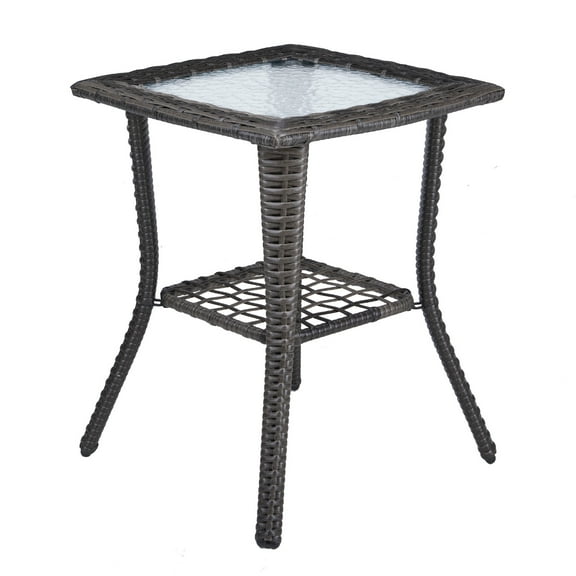 Xilee  Small Outdoor Coffee Side End Table for Outside Patio Storage,Rattan End Table with Glass Top, Double Tier Table for Outdoor Patio Porch Square,Grey