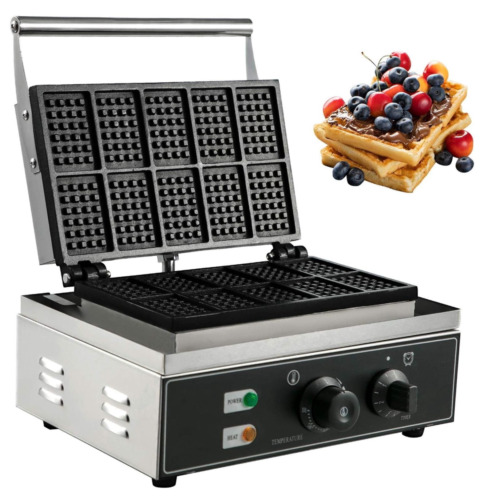 Commercial Electric Waffle Maker - 1500W, Square Honeycomb Grid, Time & Temp Control