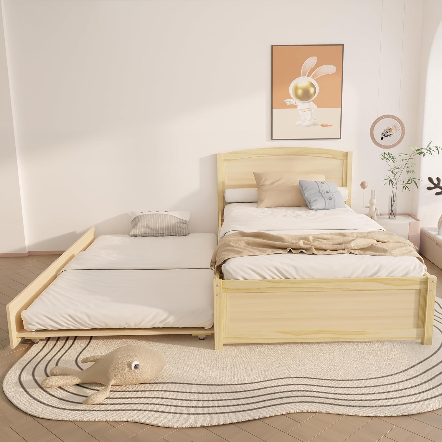 Xilingol Trundle Bed Twin, Solid Wood Bed Frames with Headboard and