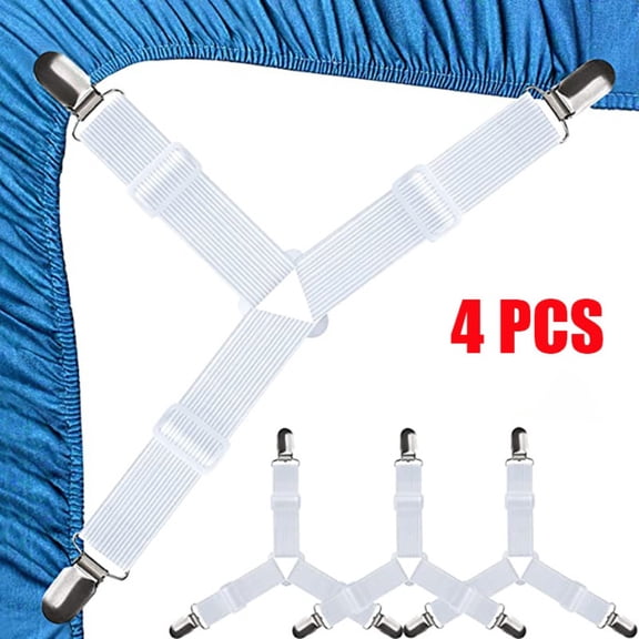 Xils 4-Pack Adjustable Sheet and Duvet Tuck-In Clips Triangle Bed Sheet Fasteners, Adjustable Elastic Sheet Straps, Non-Slip Clips for Mattress Covers, Sofa Cushions, White