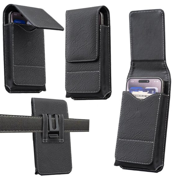 Xils Genuine Leather Cell Phone Belt Holster for 7 Inch Phone, RFID Blocking Card Holder Wallet, Vertical Flip Phone Pouch with Metal Clip, ID Credit Card Case, 1 Pack, Black
