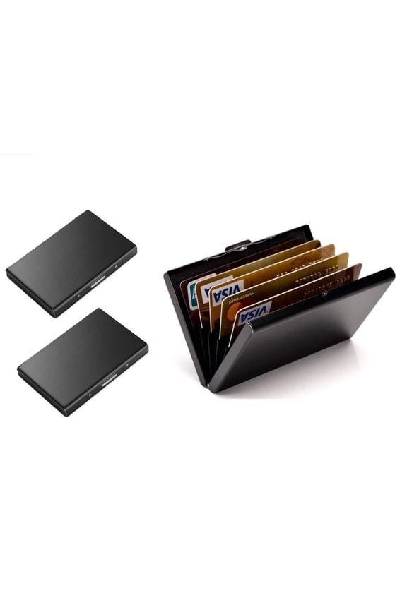 RFID Blocking Stainless Steel Card Holder, Metal Credit Card Case with 6 Card Slots, Slim Hard Card Wallet for Men & Women, Anti-Scan Protective Card Box, 2 Pack, Black
