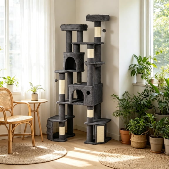 Xin biao Dark Gray 79 Inch Tall Cat Tower, Reinforced Dual Baseboard for Big Adult Cats, 5-Tier Cat Tree with Hammock, Sisal Scratching Posts, Condos, Toy Balls, Anti-Tip Strap