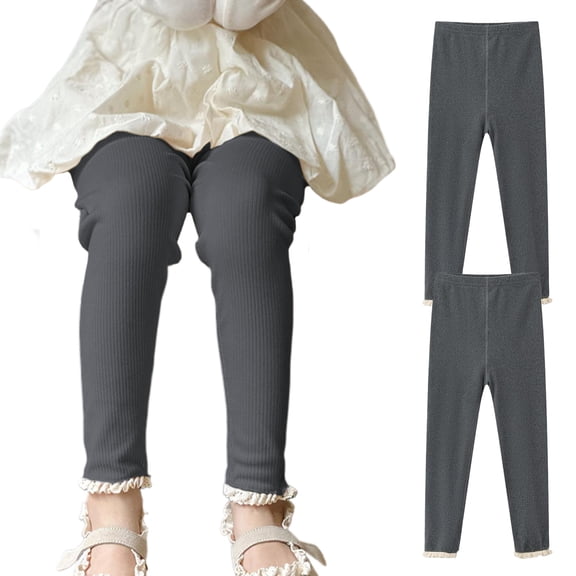 XinLfly 2 Pack Baby Girl Pants Toddler Solid Color High Waisted Stretch Newborn Cotton Leggings Infant with Lace Trim Jogger Pants,2PC Gray,10