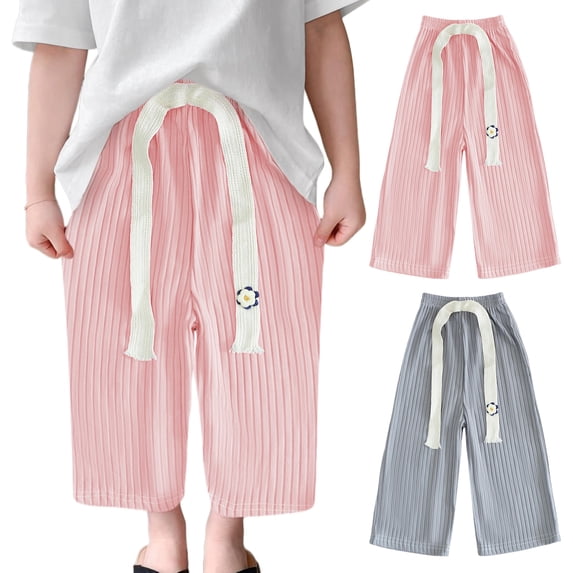 XinLfly 2PC Girls Ice Silk Loose Straight Trouser Elastic Waist Pants Casual Wide Leg Solid Color Long Trouser,1PC Pink+1PC Gray,5T