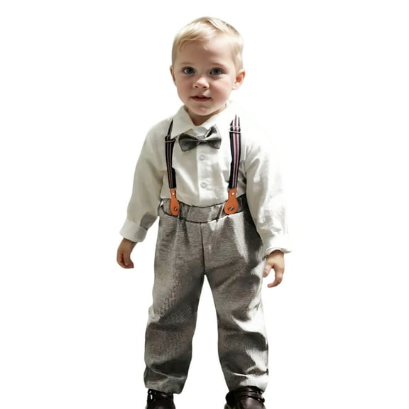 XinLfly Baby Boy Clothes Suits Toddler Solid Color Dress Shirt with Bowtie Suspender Pants Outfit Sets Gentleman Wedding,White,18-24M