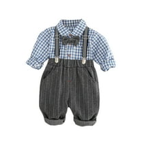 XinLfly Baby Boy's 2 Pieces Tuxedo Outfit, Long Sleeves Plaids Button Down Dress Shirt with Bow Tie   Suspender Pants Set for Infant Newborn,Blue,5T