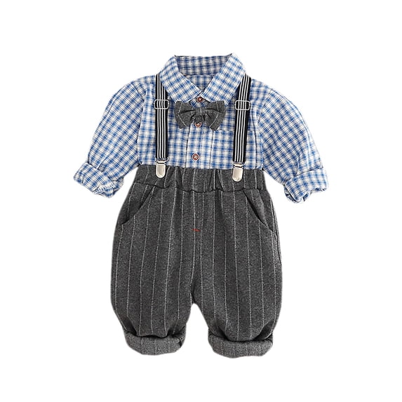 XinLfly Baby Boy's 2 Pieces Tuxedo Outfit, Long Sleeves Plaids Button Down Dress Shirt with Bow Tie + Suspender Pants Set for Infant Newborn,Blue,5T
