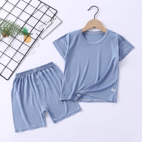 XinLfly Baby Boys Casual Solid Color Shirts Outfit Set- Short Sleeve Cute Crew Neck Cotton Fashion Boys Summer Shirts Blue Size 4-5 T