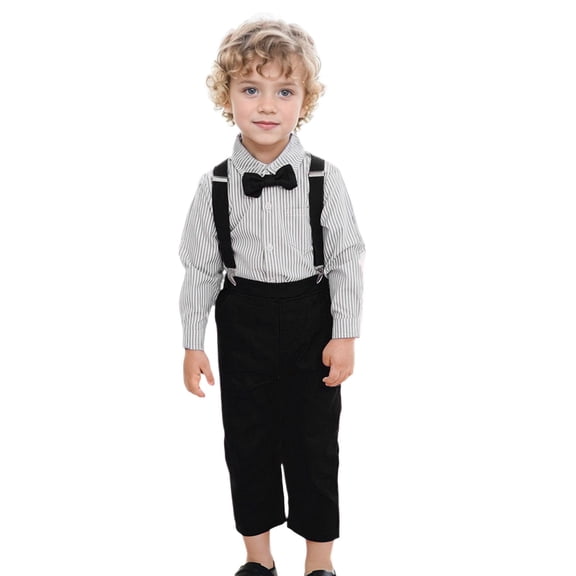 XinLfly Baby Boys Suit Set Formal Dress Shirt with Bow Tie, Suspender and Pants Kids Boys Gentleman Clothes,Black,6-7T