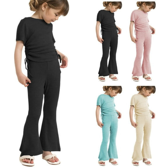 XinLfly Baby Girl Clothes Summer Solid Color Knit Ruffle Short Sleeve T-Shirt Tee & Flare Pants Set Toddler Bell-bottoms Outfit,Green,18-24M